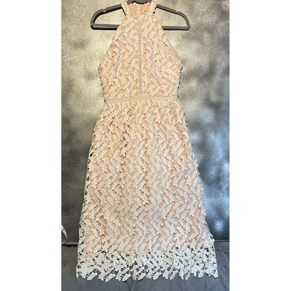 CHICWISH M White Lace Over Pink/nude Halter Dress Sleeveless Cocktail Wedding